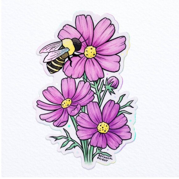 3 for $15 - Bee and Cosmos Flower Sticker - Waterproof Vinyl‎ & Holographic - Picture 1 of 2